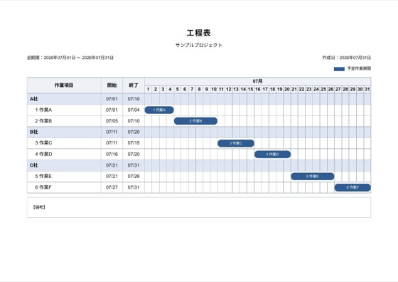 工程表テンプレートのプレビュー